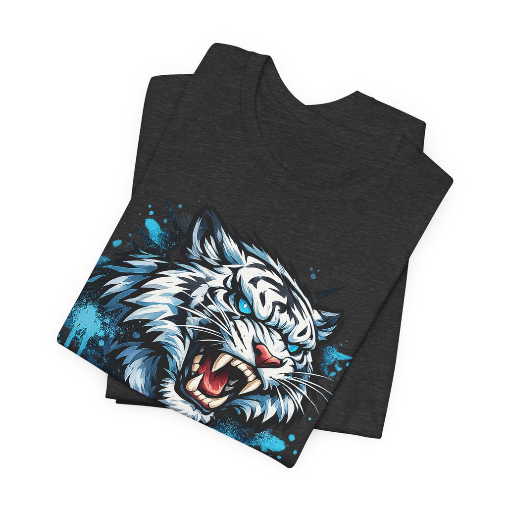 Dark grey short-sleeve T-shirt with roaring tiger head graphic and blue splashes