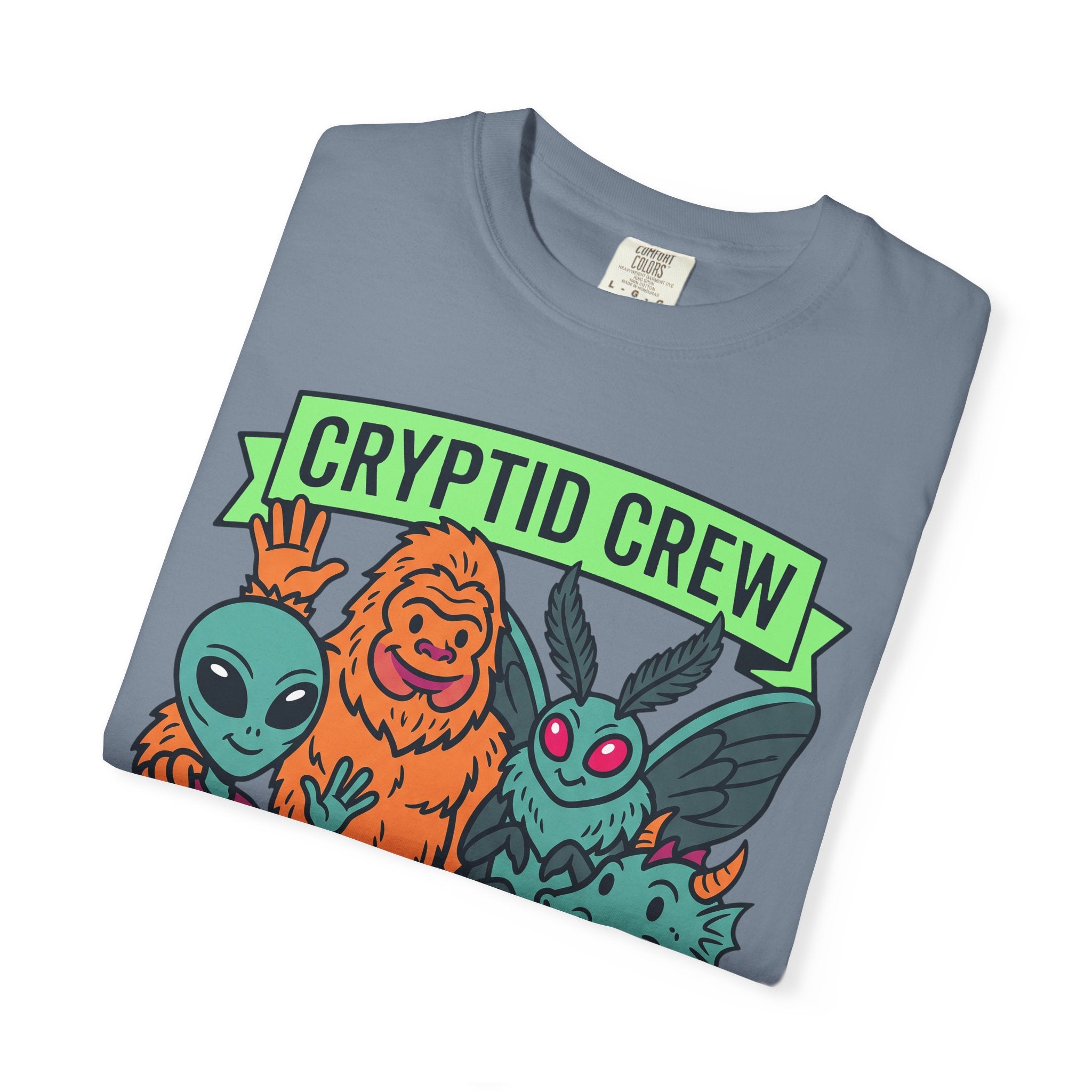 Slate blue crewneck T-shirt with Cryptid Crew graphic