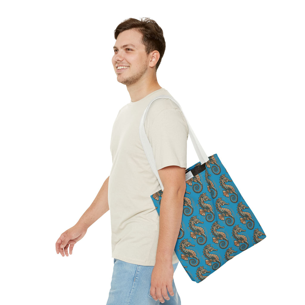 Seahorse pattern tote bag in blue with steampunk seahorses; white handles