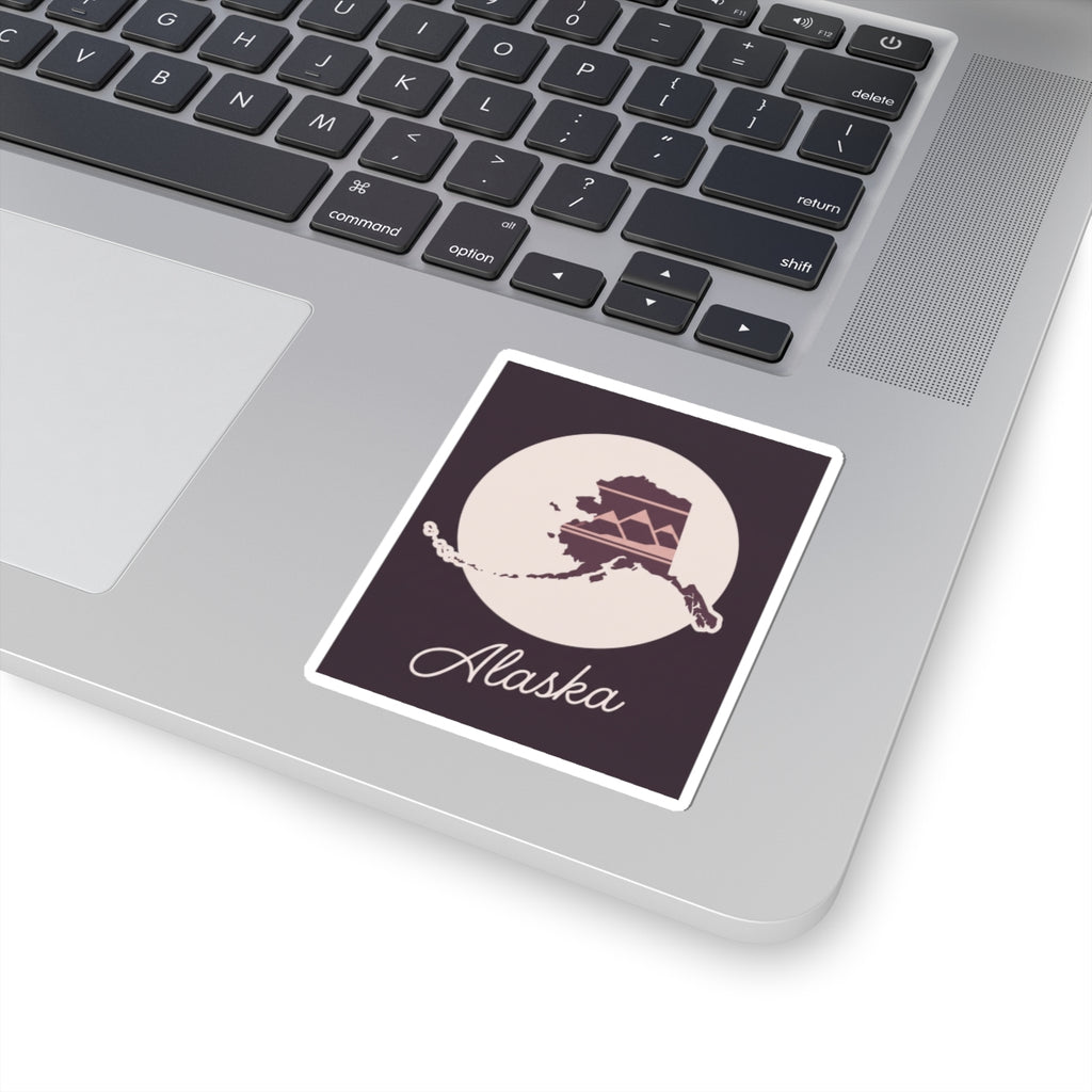 Alaska vinyl decal sticker, square outline, cream moon with mauve Alaska map and cursive Alaska