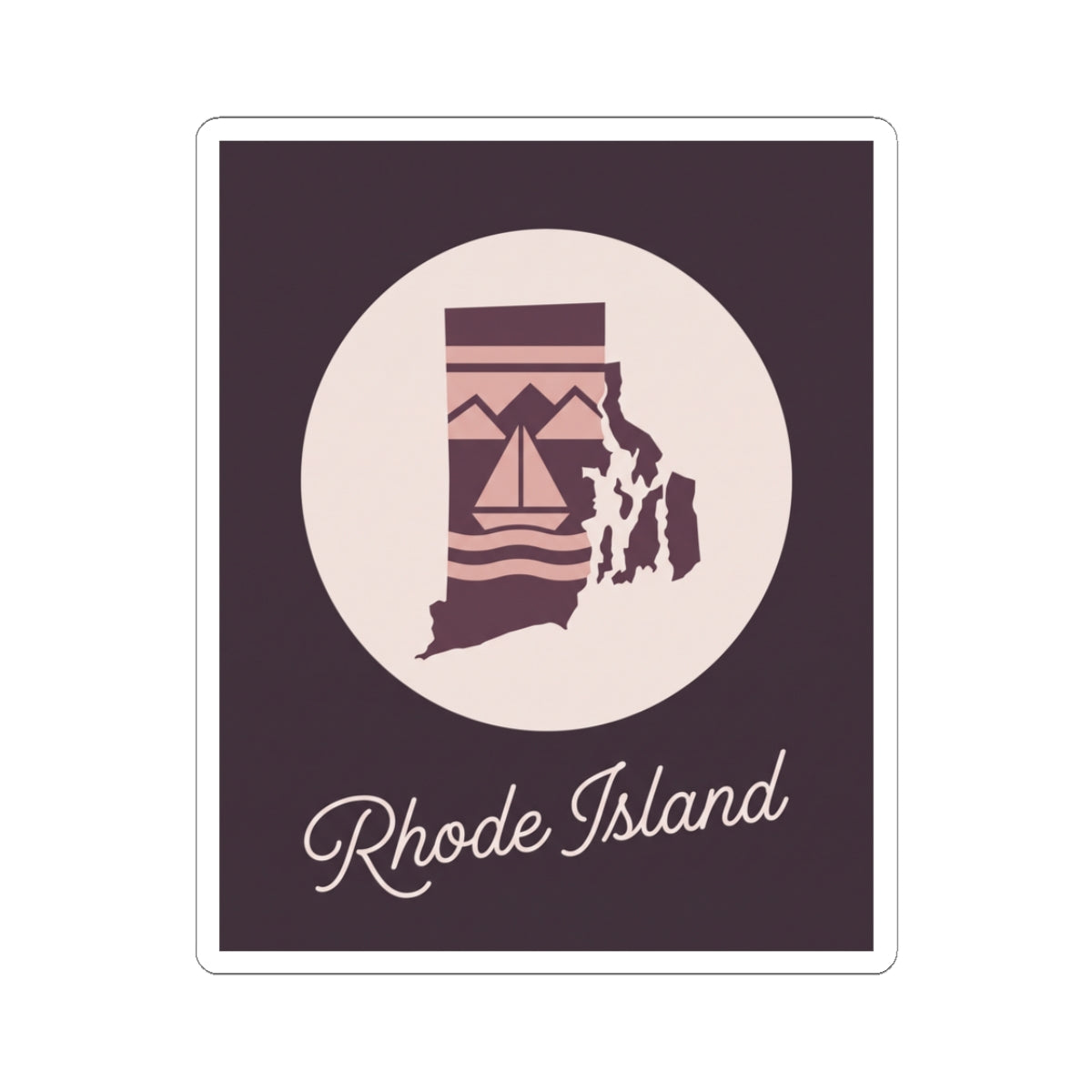 Rhode Island state silhouette kiss-cut decal with lighthouse art and 'Rhode Island' text