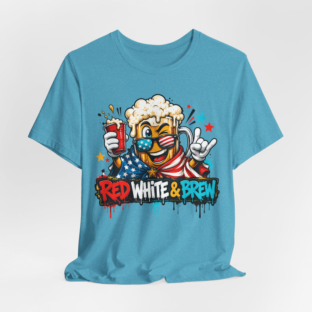 Red White & Brew 4th of July T-Shirt | Patriotic Beer Mascot American Flag Graphic Tee