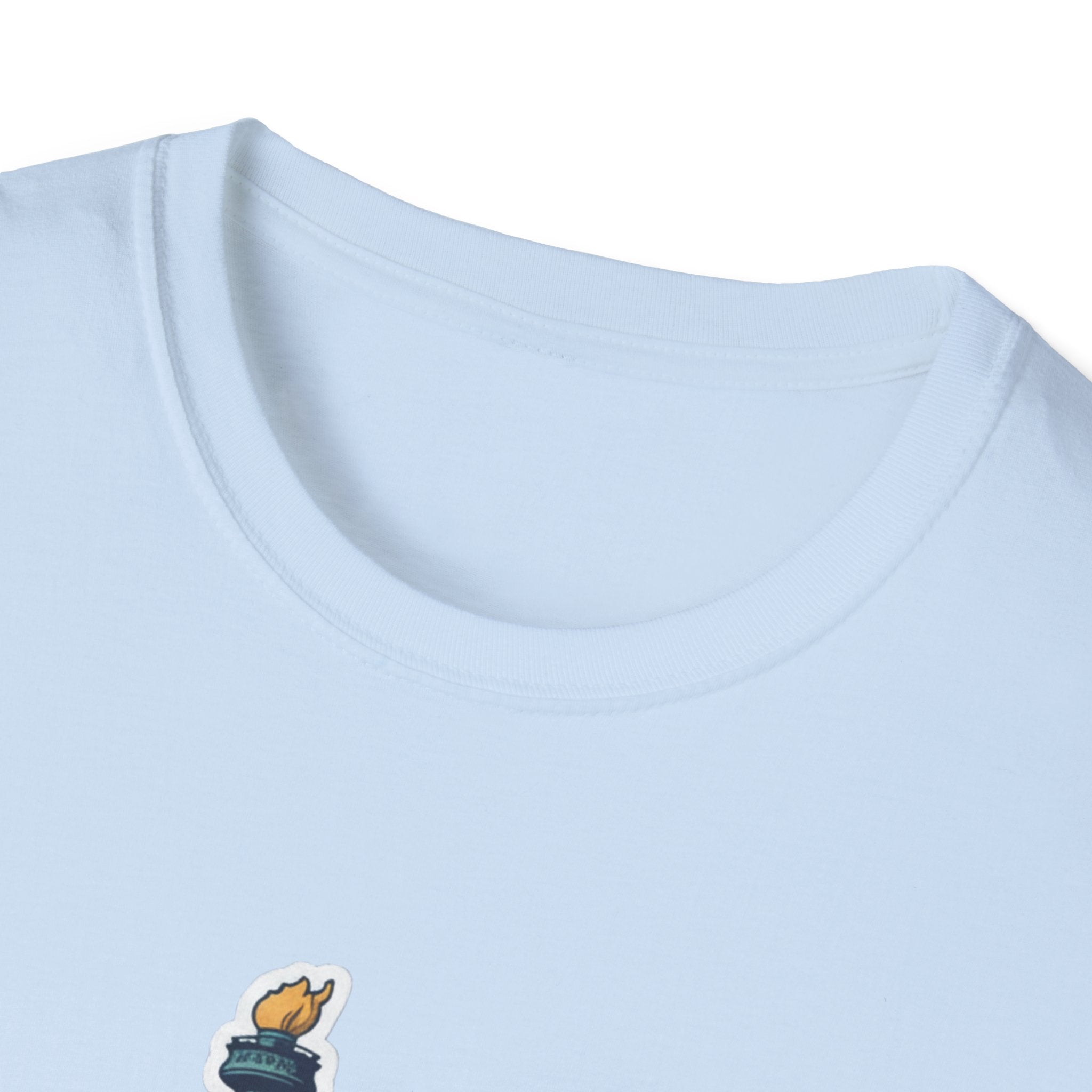 Light blue T-shirt with round crew neck and small flame skyline graphic