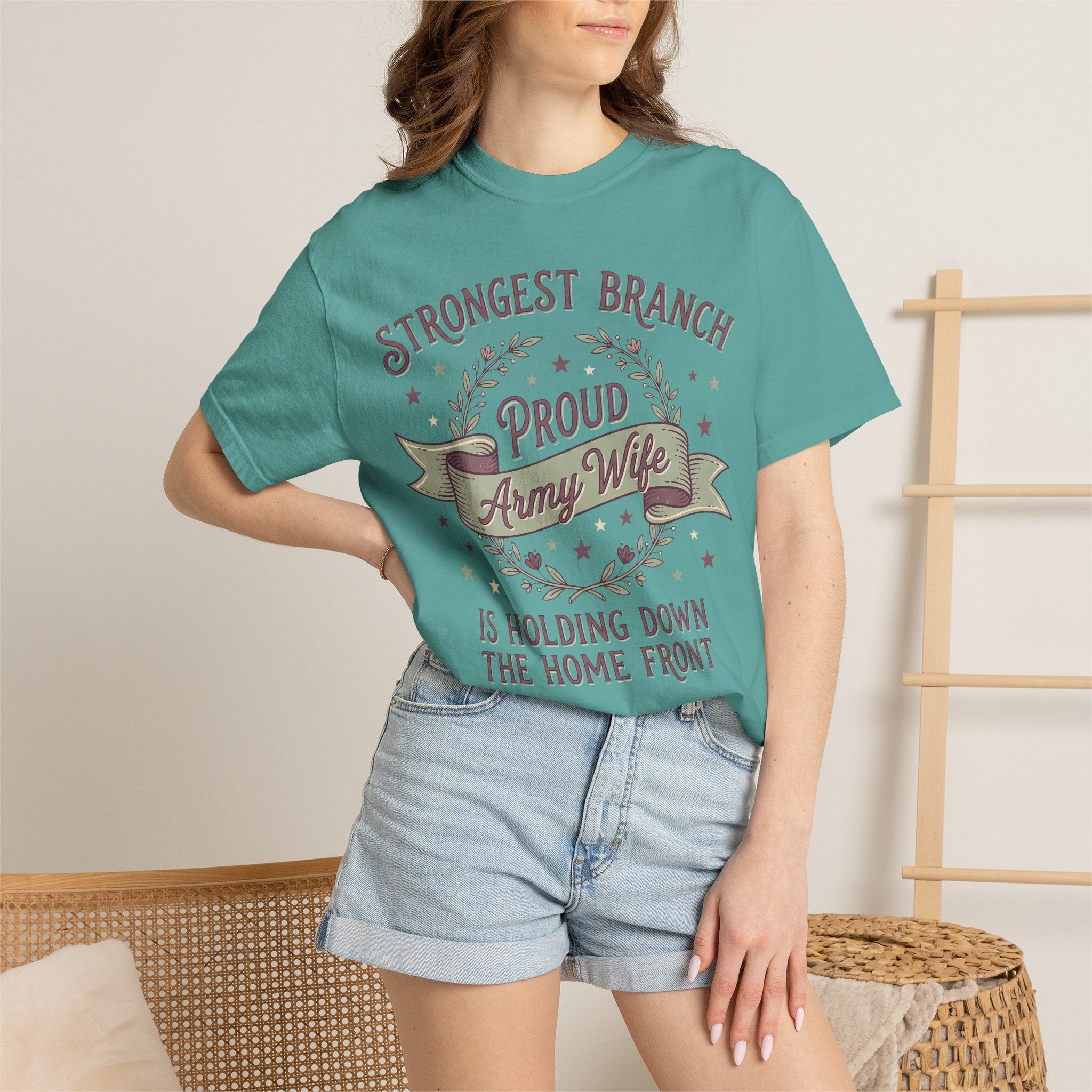 Women’s teal t-shirt with wreath “Proud Army Wife” and “Strongest Branch” text