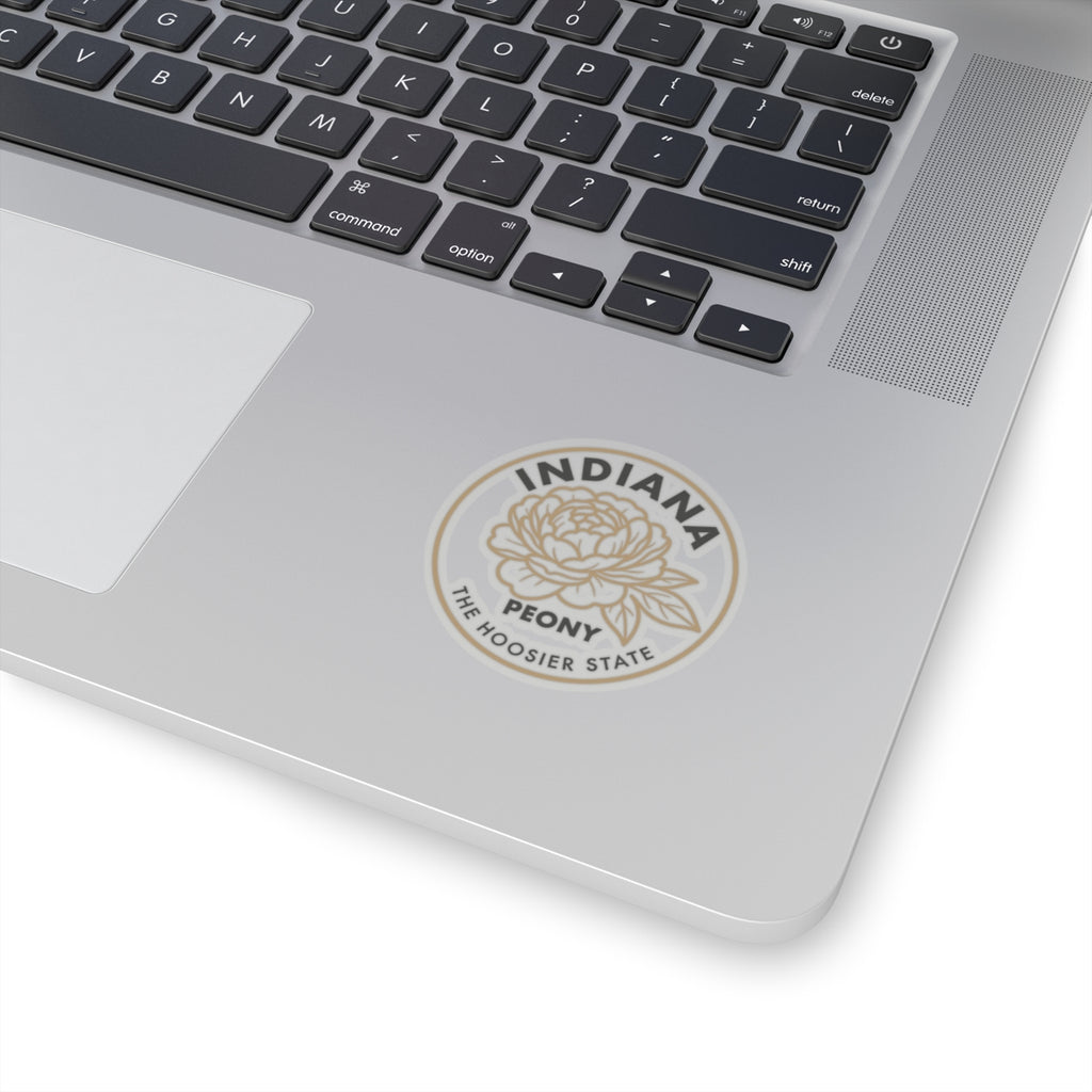Transparent vinyl peony sticker on laptop lid, round Indiana logo with Hoosier State text