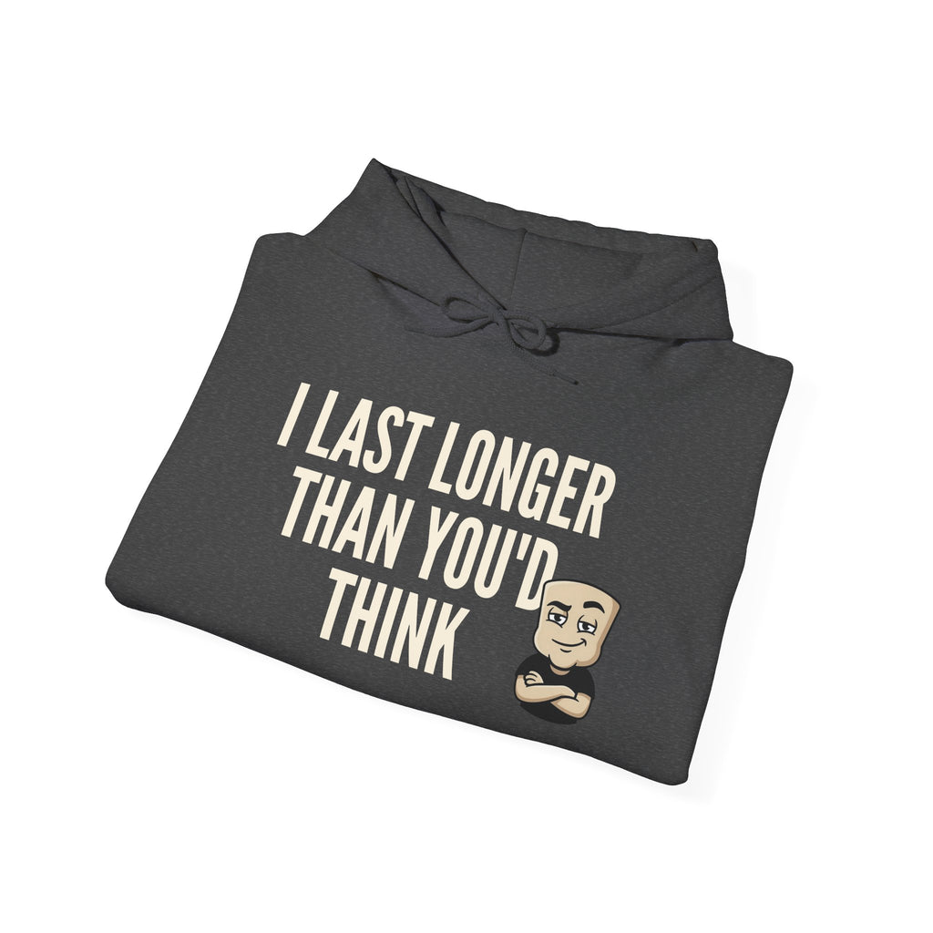 I Last Longer Than You'd Think Hoodie | Funny Adult Humor Beard Guy Graphic Sweatshirt Gift