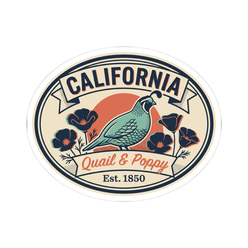 Oval California sticker with quail and poppies, “Quail & Poppy” and Est. 1850
