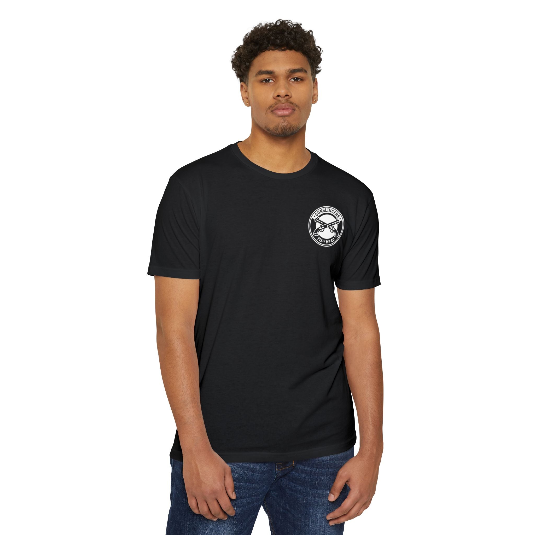 Black T-shirt with small circular logo on left chest, short sleeves