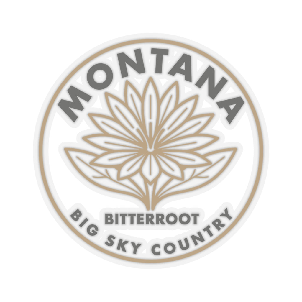 Circular Montana bitterroot state flower decal with tan line-art flower in center