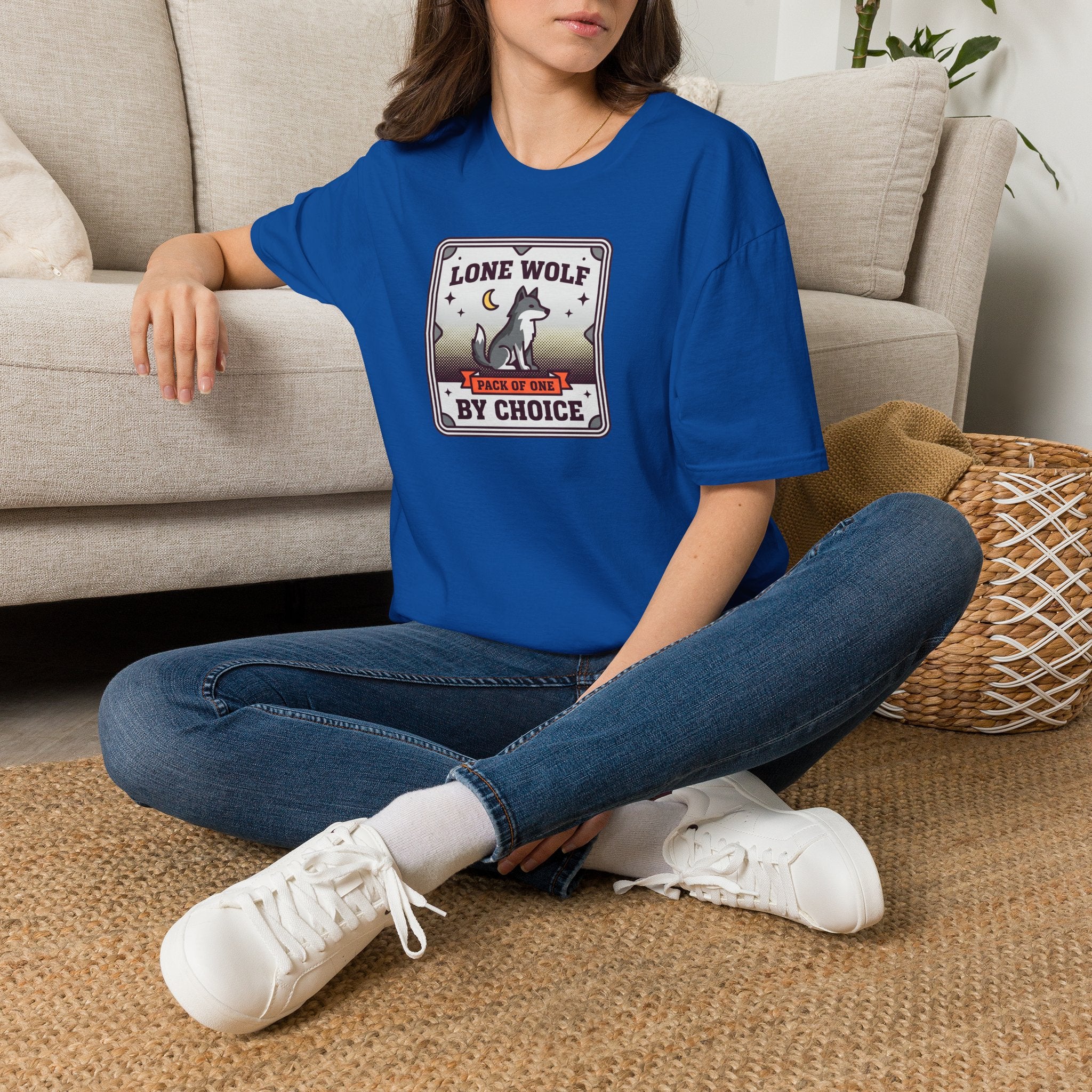 Funny Wolf T-Shirt | Lone Wolf By Choice Pack of One Moon Badge Graphic Tee | Wolf Lover Gift