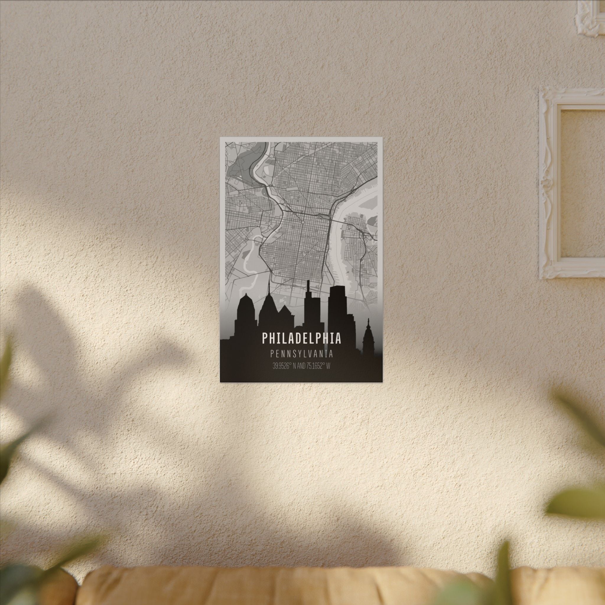 Philadelphia skyline map wall art with black skyline silhouette and city name