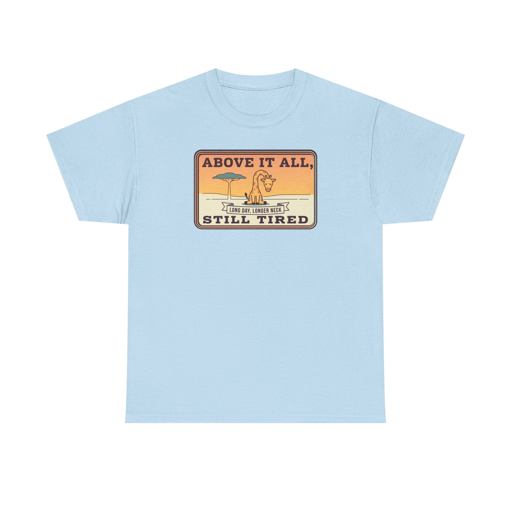 Above It All Still Tired Tee | Retro Beach Scene, Coffee Cup, Sunset Vibes