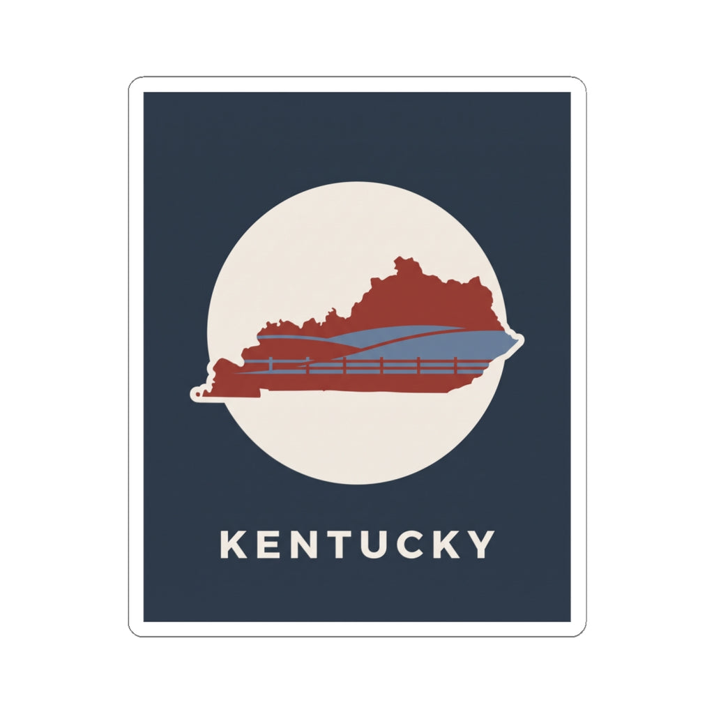 Kentucky travel sticker: navy square with white circle and red Kentucky state silhouette, KENTUCKY