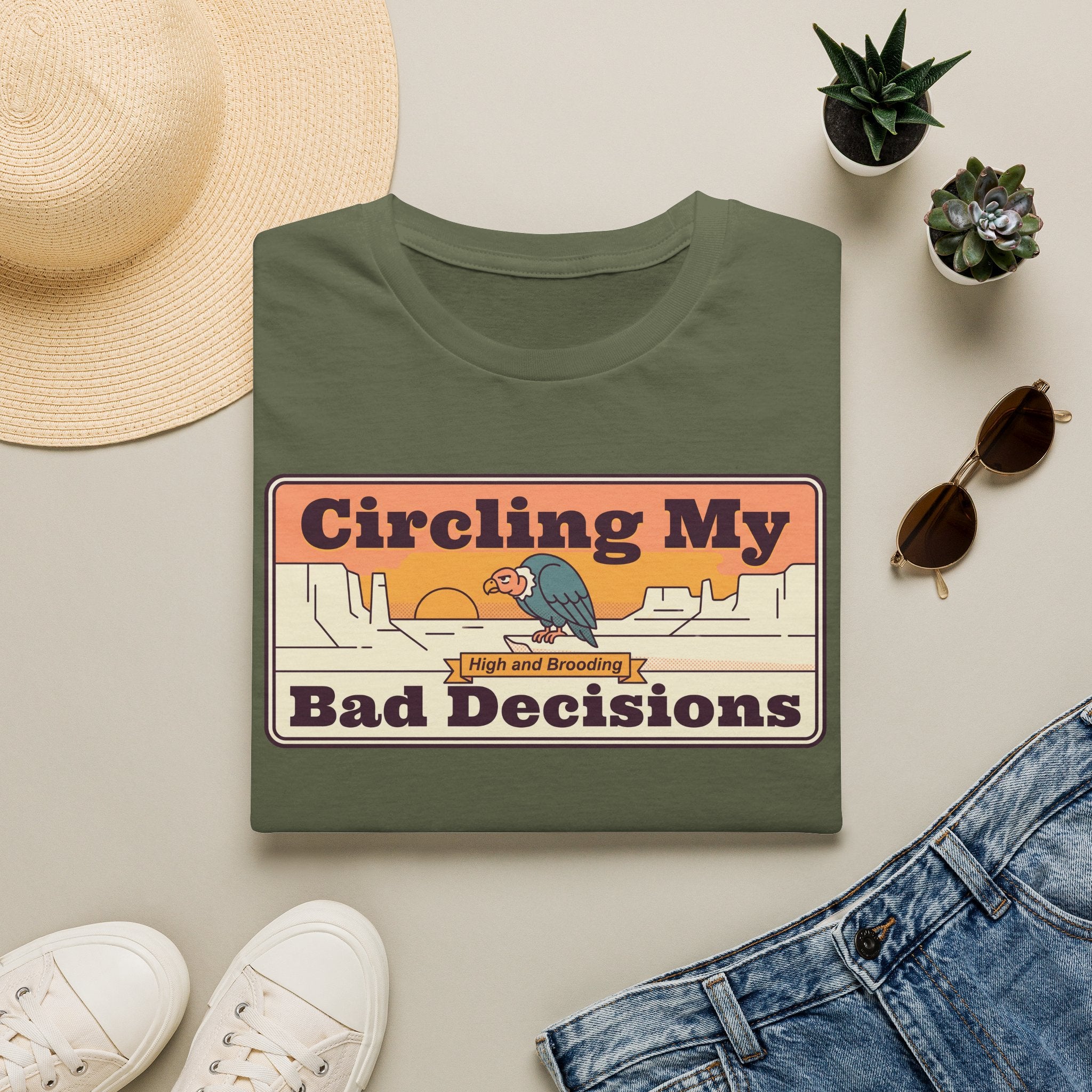 Funny Vulture T-Shirt | Circling My Bad Decisions Retro Desert Graphic Tee | Sarcastic Gift