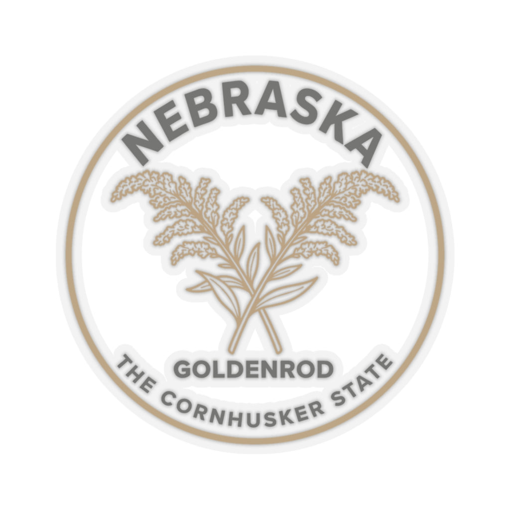 Circular transparent vinyl sticker, Nebraska goldenrod emblem in tan and cream