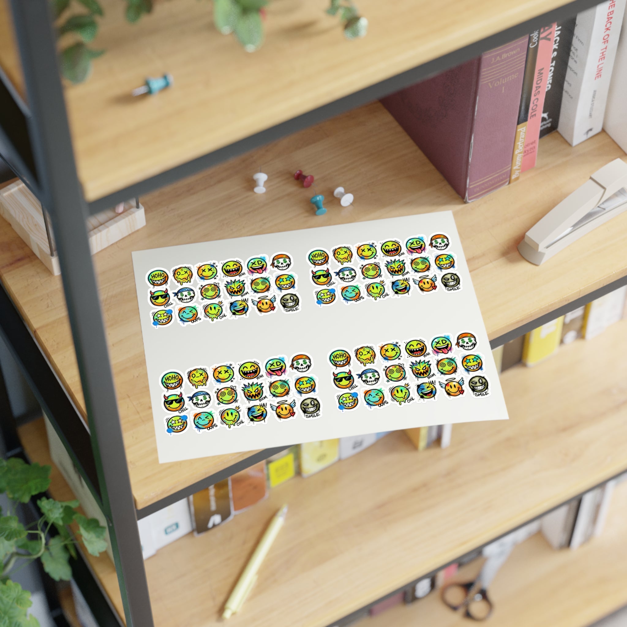 Emoji-Gesichtsstickerbogen auf Unterlage, viele Die-Cut Ausdrücke im Set