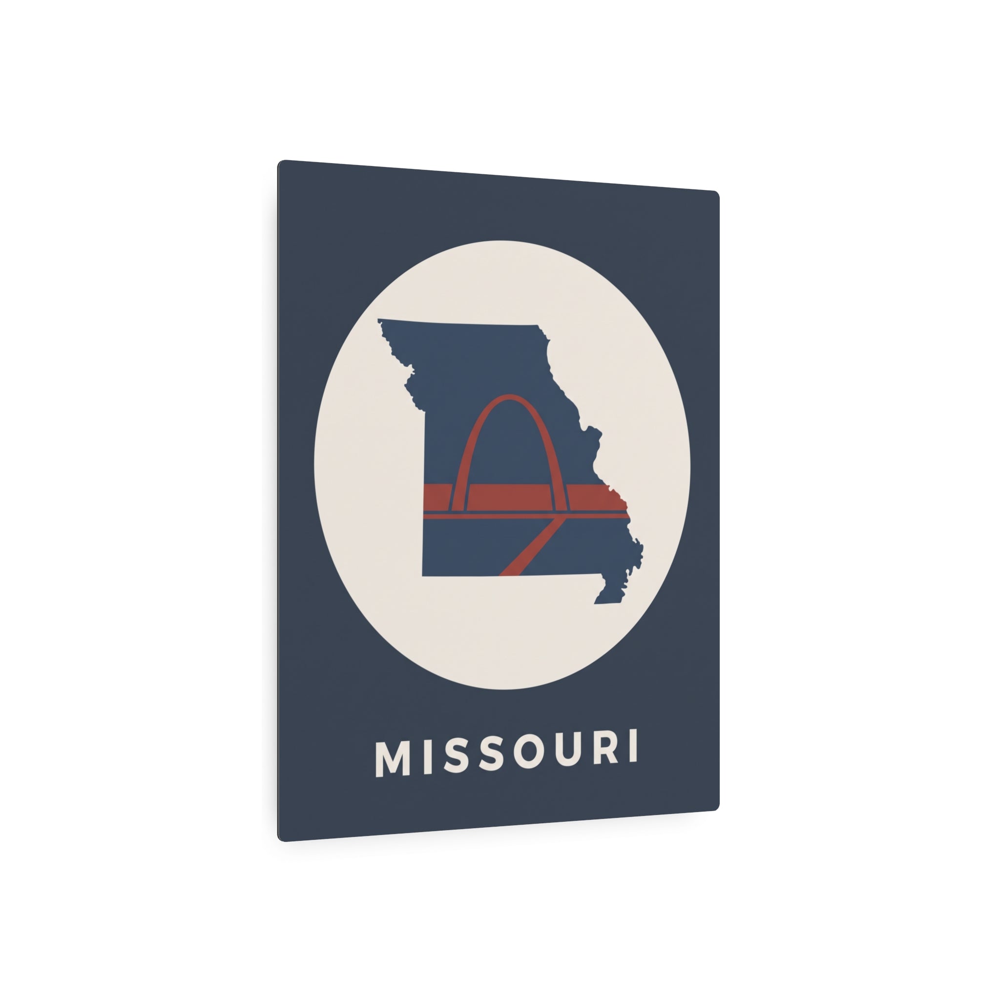 Missouri metal map art sign, blue square with circular state silhouette and red arch