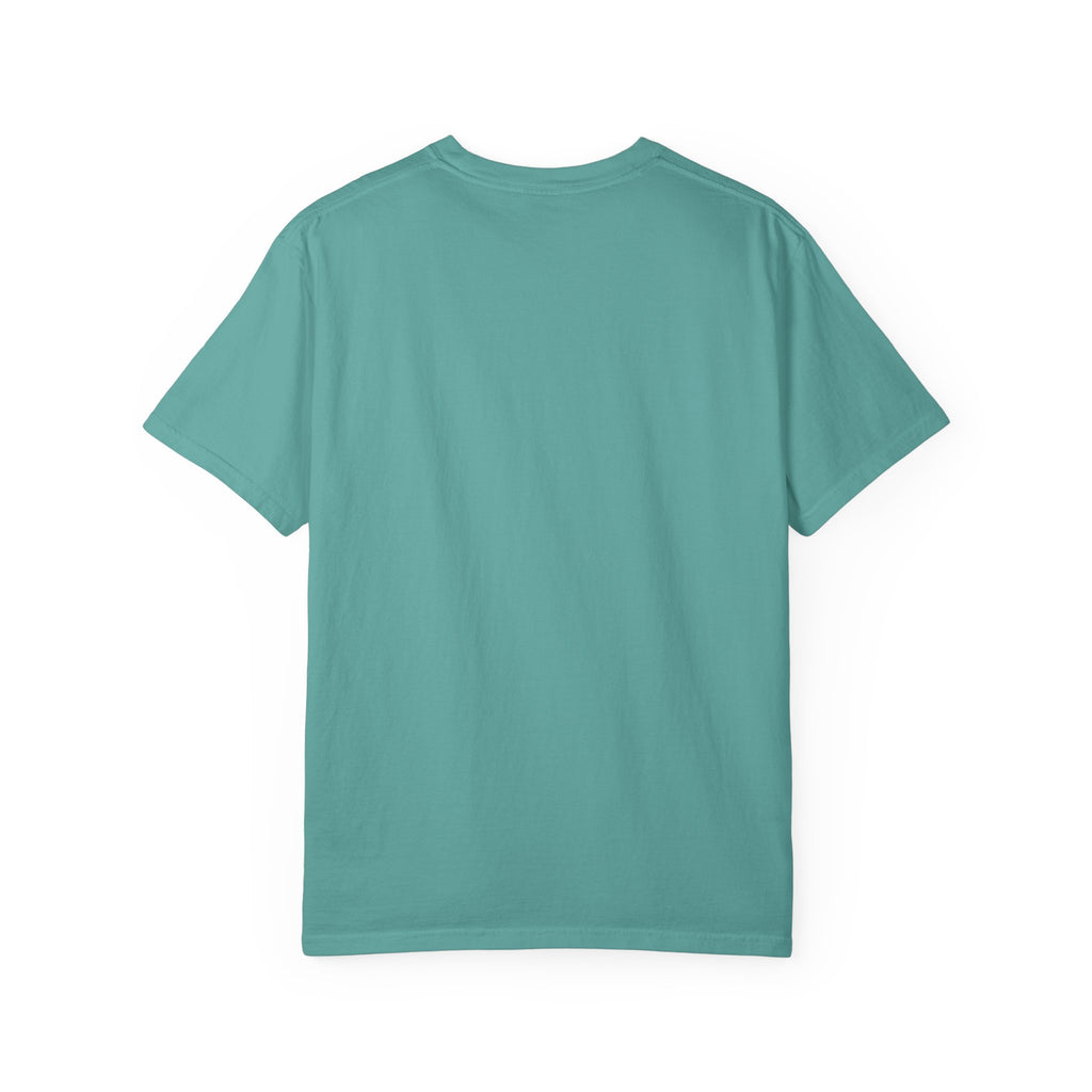 Teal crewneck T-shirt with short sleeves, plain front design.