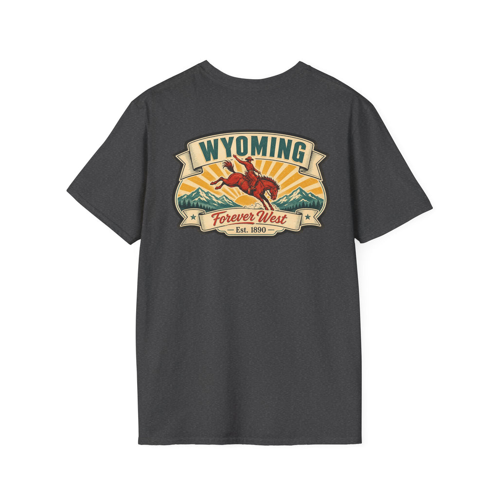 Dark gray Wyoming graphic T-shirt with cowboy hat banner and landscape logo at chest