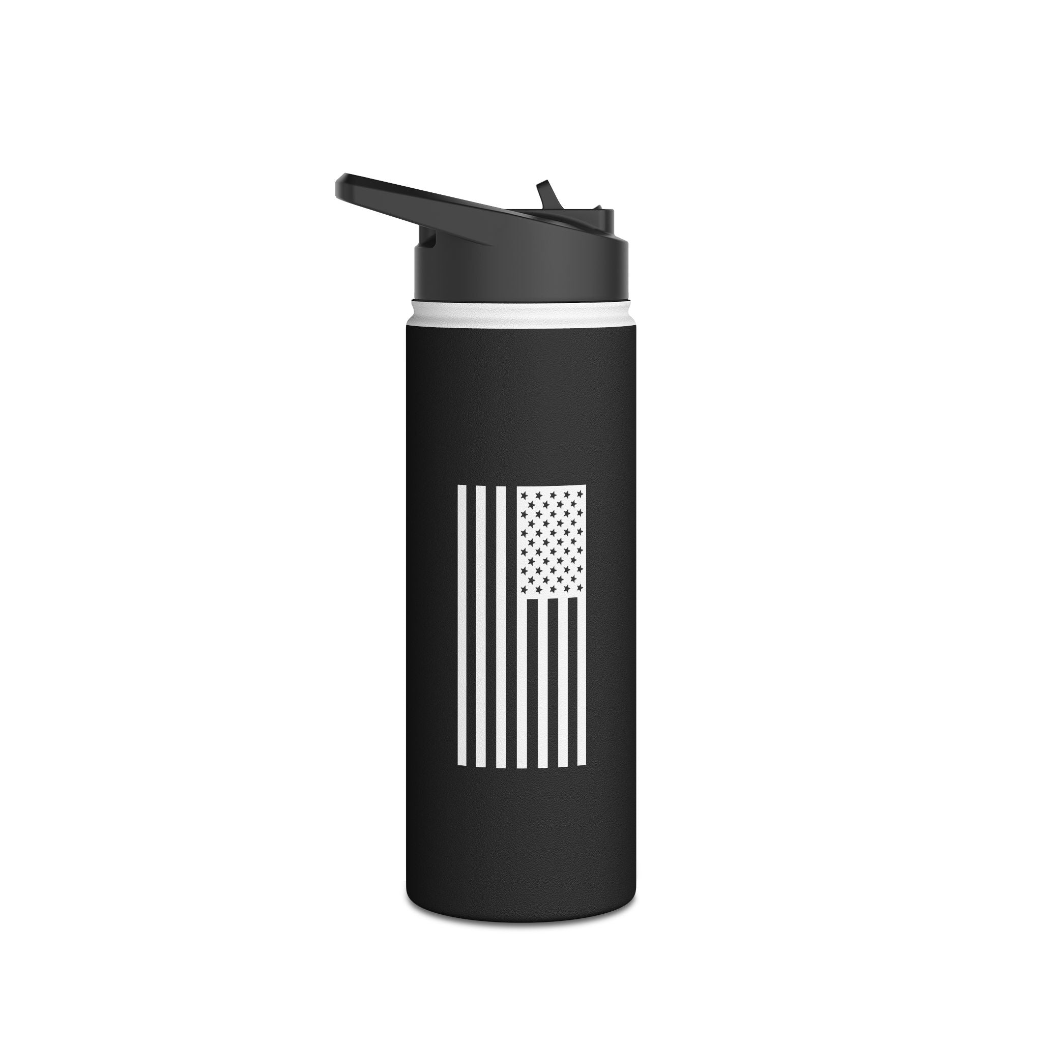 Stainless steel tumbler, black with vertical white stripes and star block panel