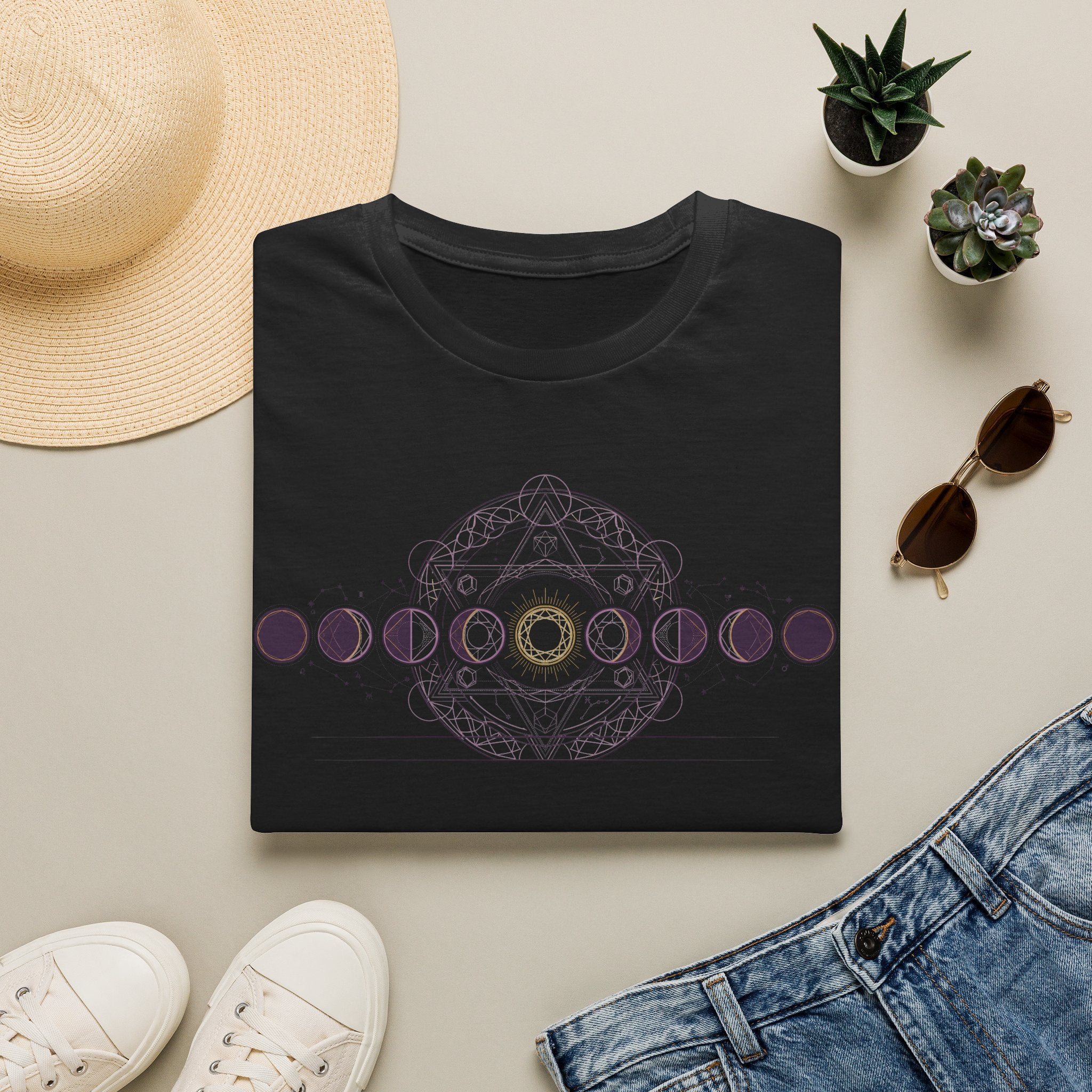 Black crew-neck T-shirt with purple moon phase circles and central geometric moon