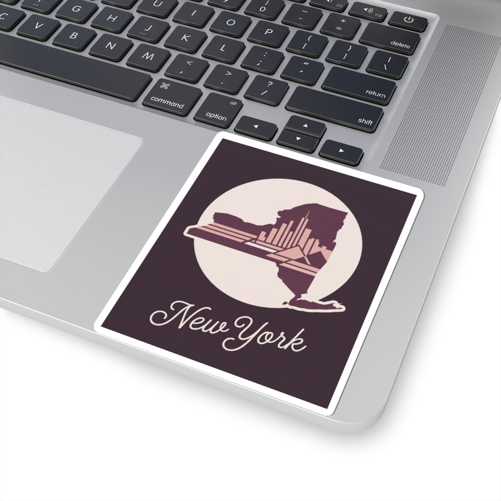 New York skyline decal sticker on laptop screen area, with circular state silhouette and cursive “New York”.