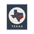 Texas map retro badge sticker showing circular emblem with star, stripes, and TEXAS