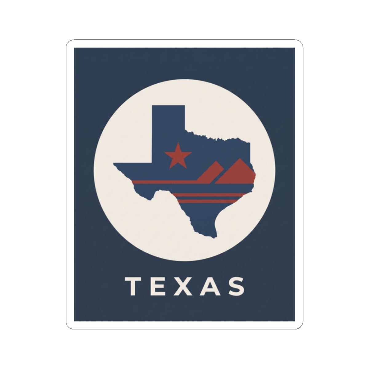 Texas map retro badge sticker showing circular emblem with star, stripes, and TEXAS