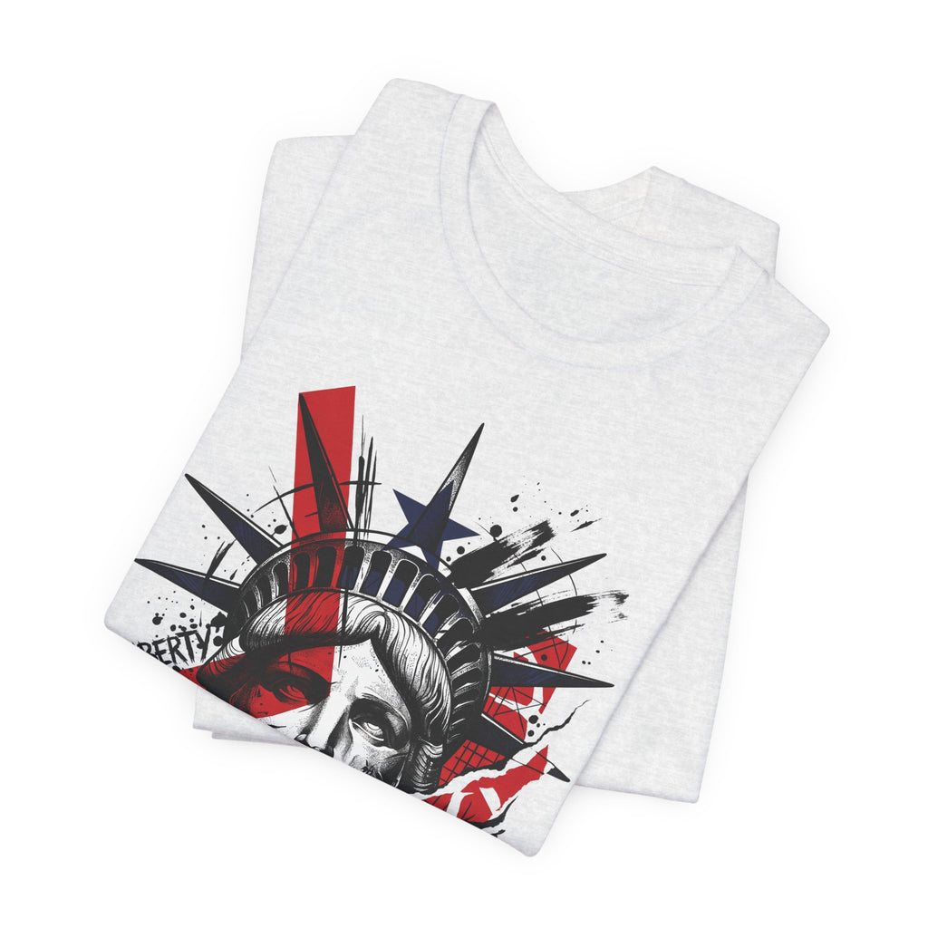 Heather grey graphic T-shirt with red, white, and black Statue of Liberty portrait print