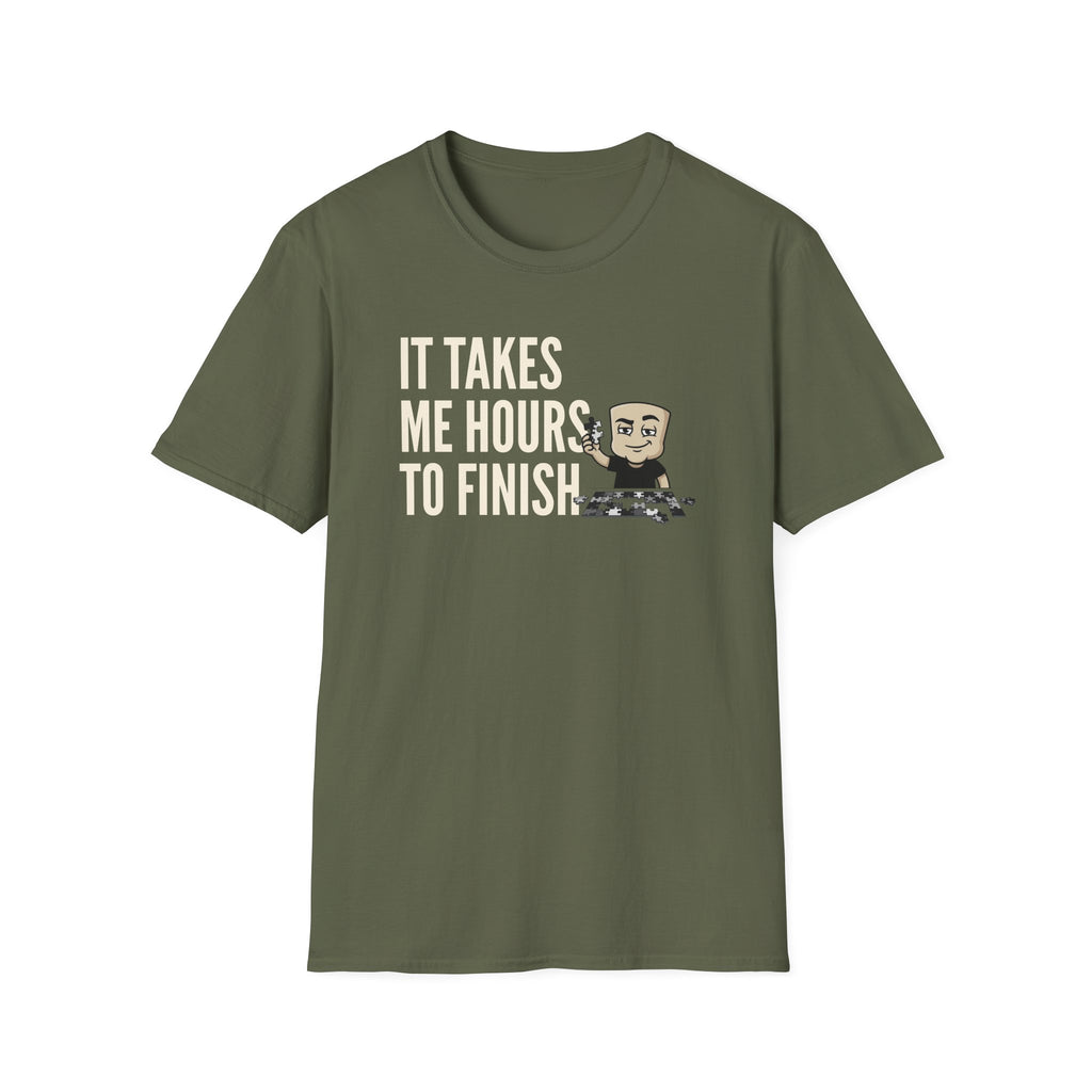 It Takes Me Hours to Finish T-Shirt, Funny Puzzle Lover Tee, Jigsaw Hobby Gift Shirt, Sarcastic Adult Humor Tee for Men & Women
