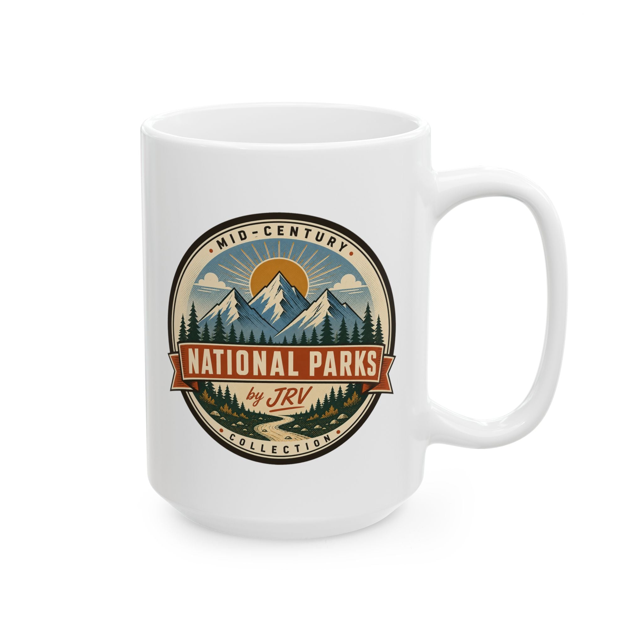 White ceramic travel mug with handle, round “Mid-Century National Parks by JRV” emblem