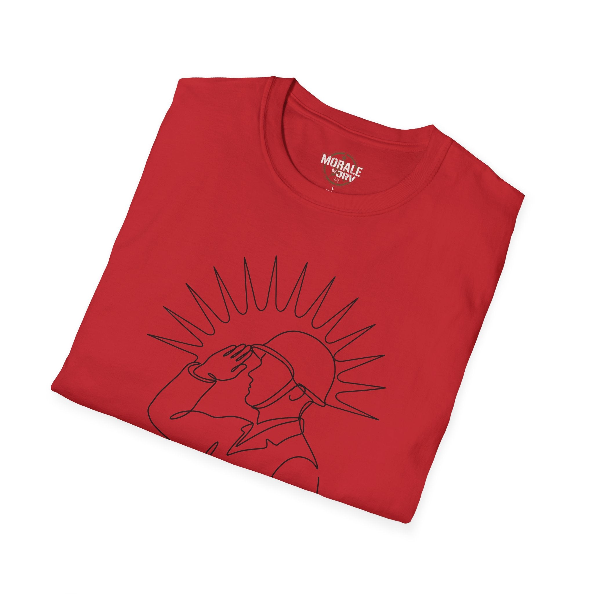 Red crewneck T-shirt with minimalist line-art face and sunburst graphic