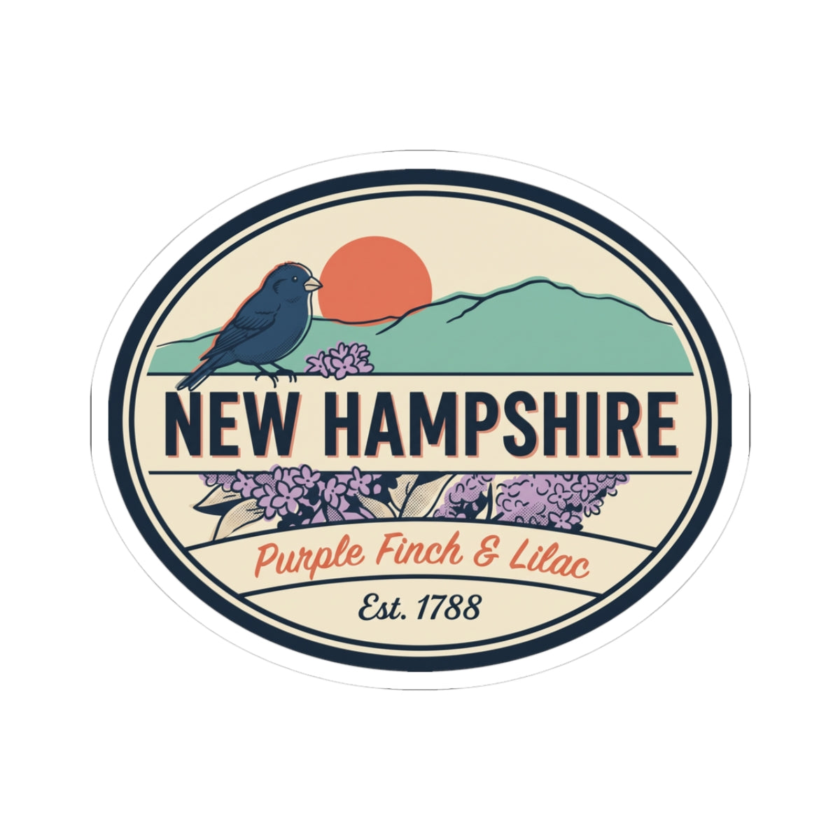 Round New Hampshire state badge vinyl sticker with purple finch and lilac illustration
