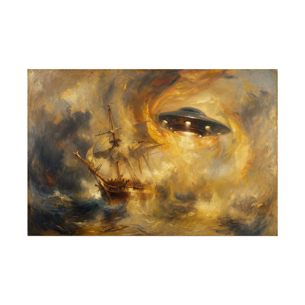 UFO shipwreck poster, close view of glowing eye in cloudy golden storm