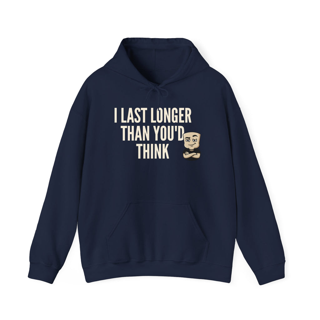 I Last Longer Than You'd Think Hoodie | Funny Adult Humor Beard Guy Graphic Sweatshirt Gift