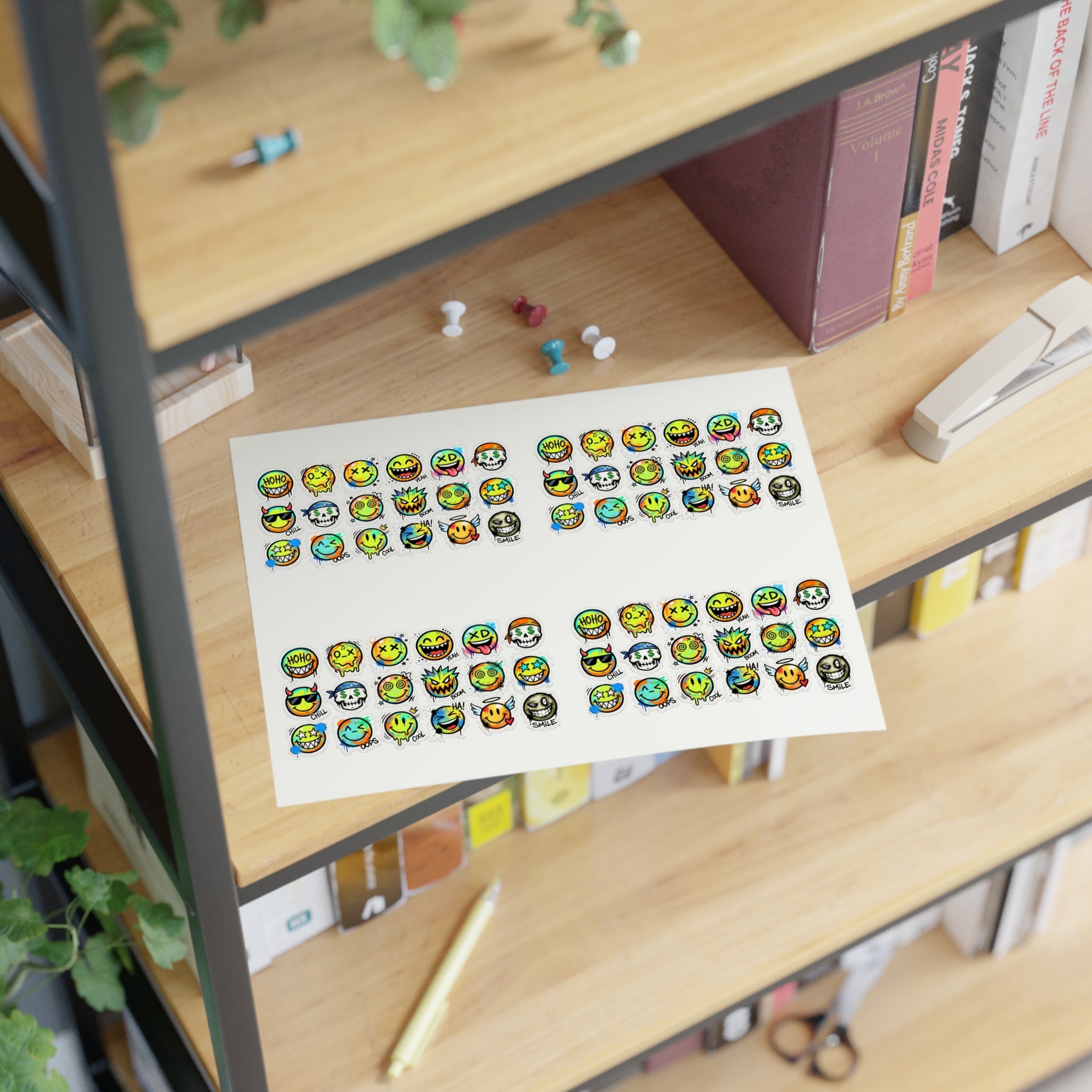 Emoji face sticker sheet with die-cut expressions, colorful faces on a white sheet