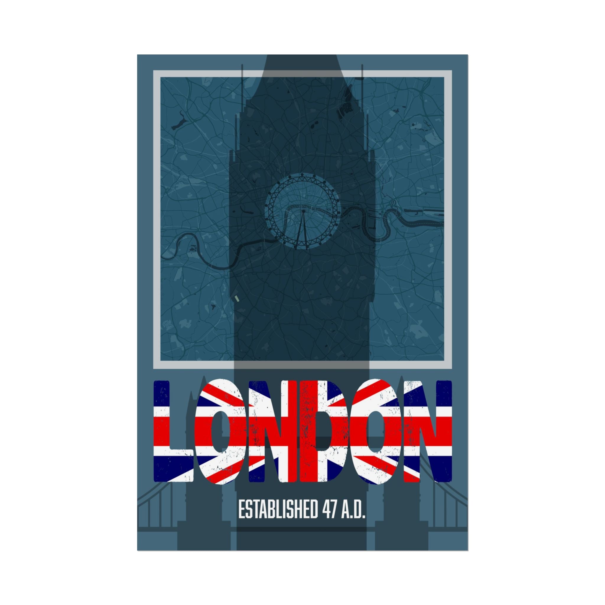 London typography poster with Union Jack “LONDON” text and “Established 47 A.D.”