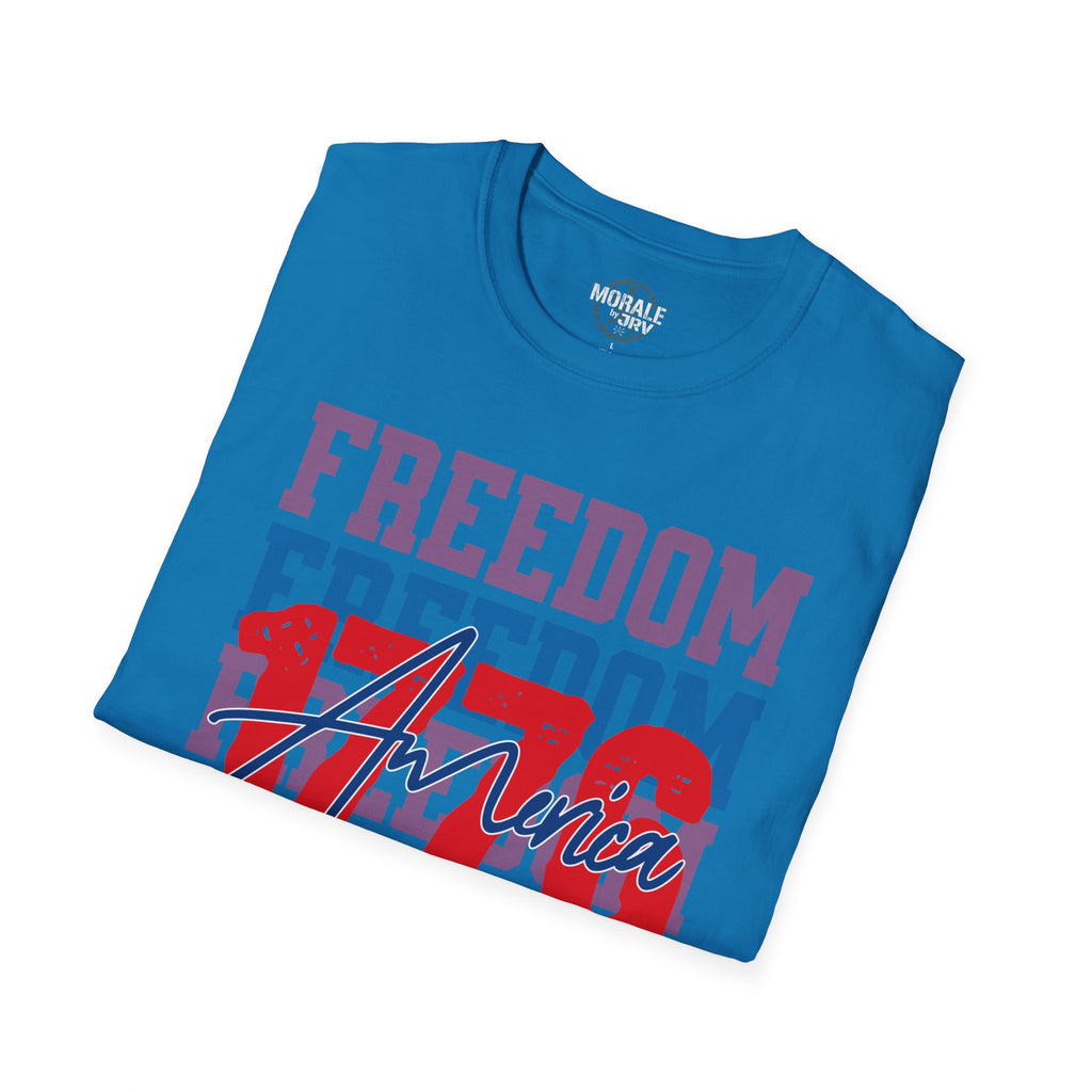 Blue graphic tee with 'FREEDOM' text, eagle/flag motif and cursive America
