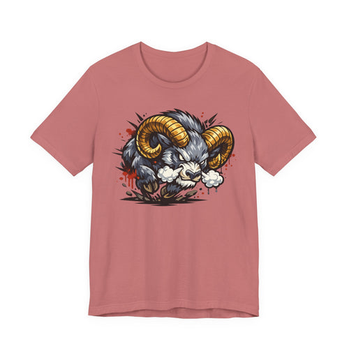 Mauve crew-neck T-shirt with angry ram graphic in gold, black, and white
