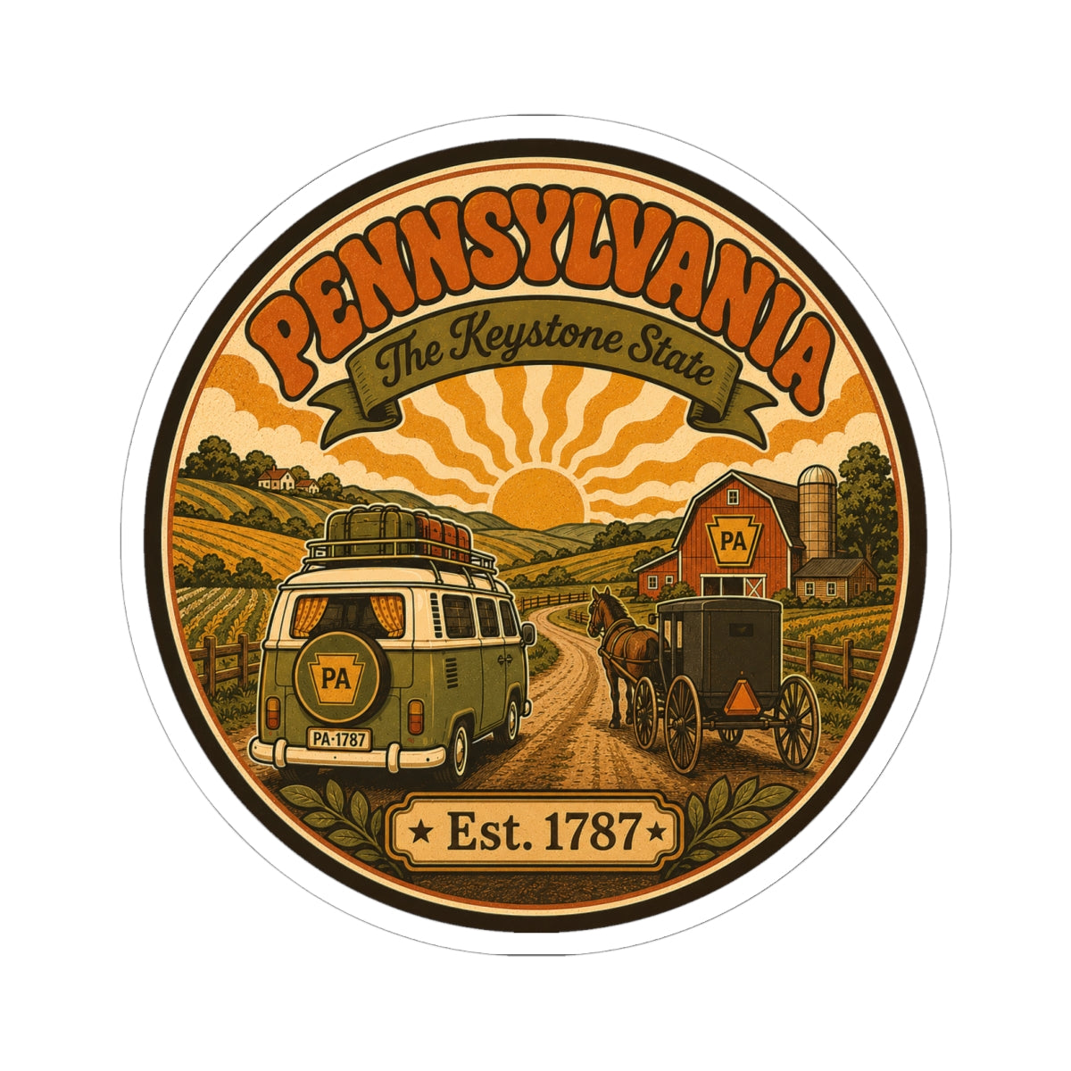 Oval Pennsylvania sticker featuring vintage van, Amish buggy, and Est. 1787 ribbon