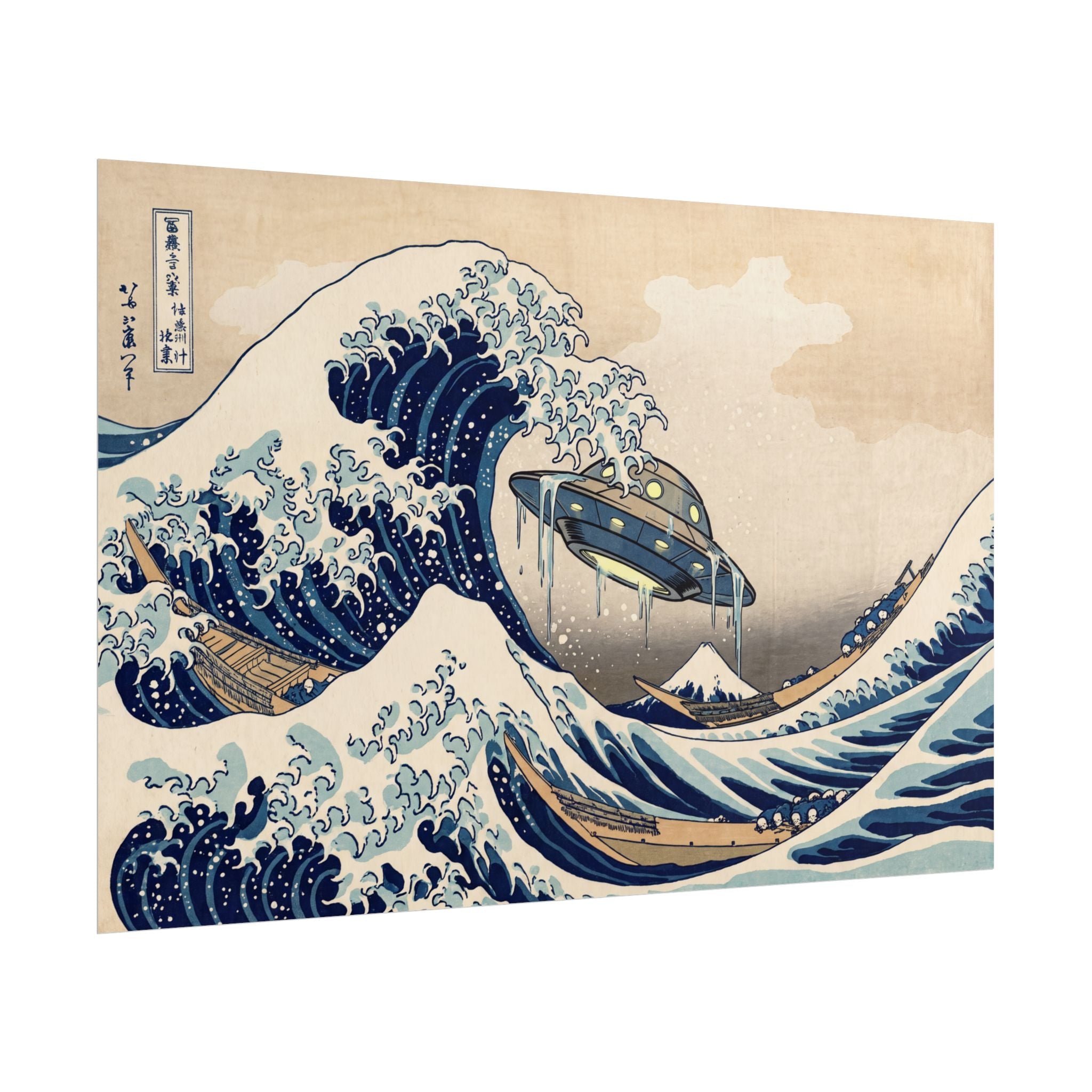 Vintage wave print poster close-up: blue waves and UFO craft over ocean foam