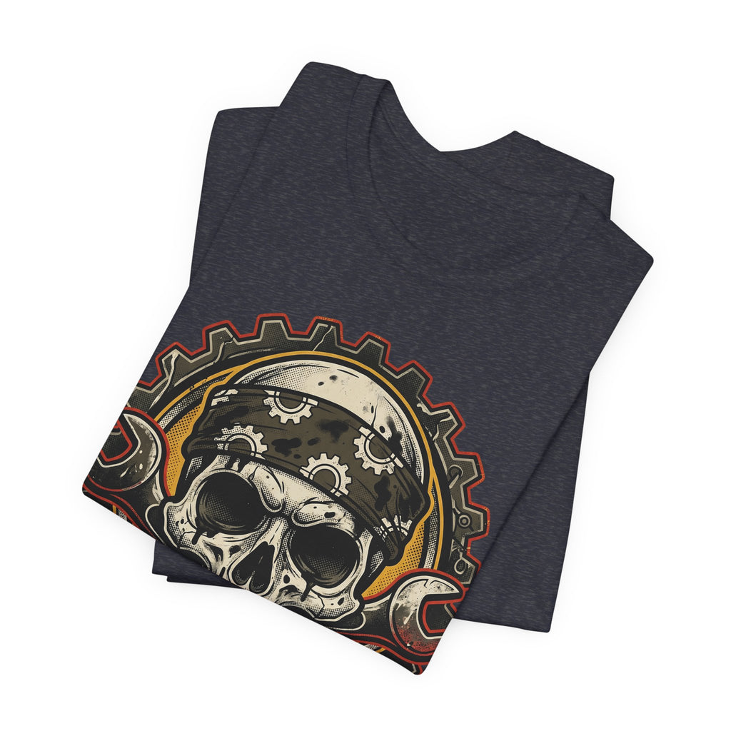 Dark Grey Heather tee, folded front with biker skull ear-muffs and wrenches