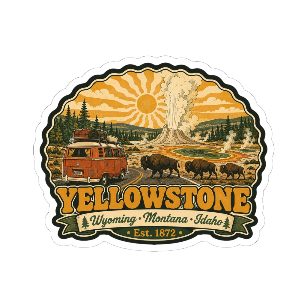 Yellowstone sticker with vintage bus, bison herd, geyser plume, and sun; Est. 1872