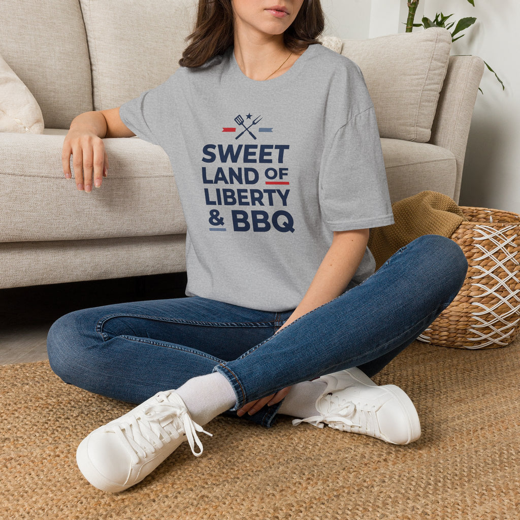Grey BBQ T-shirt on model, 'Sweet Land of Liberty & BBQ' front graphic