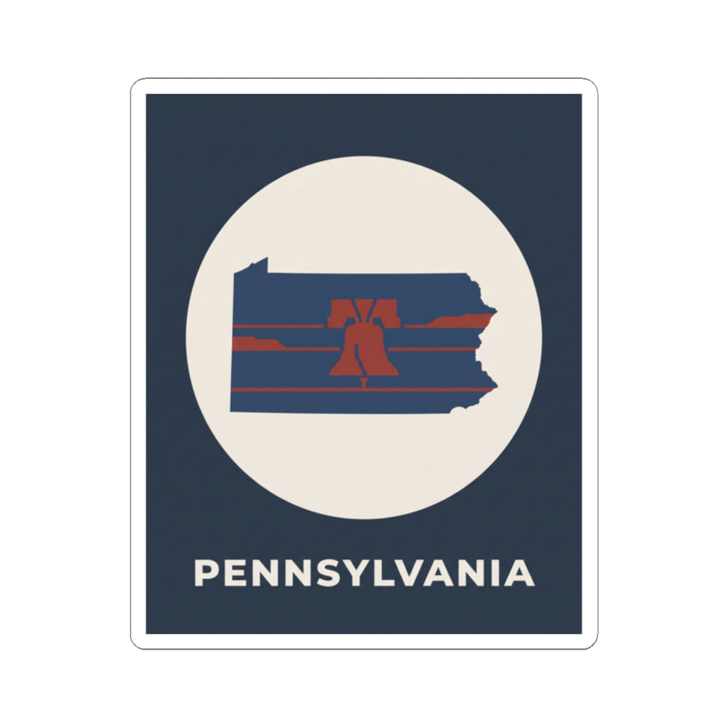 Navy rectangular sticker featuring a white circle Pennsylvania map with Liberty Bell stripes, PENNSYLVANIA