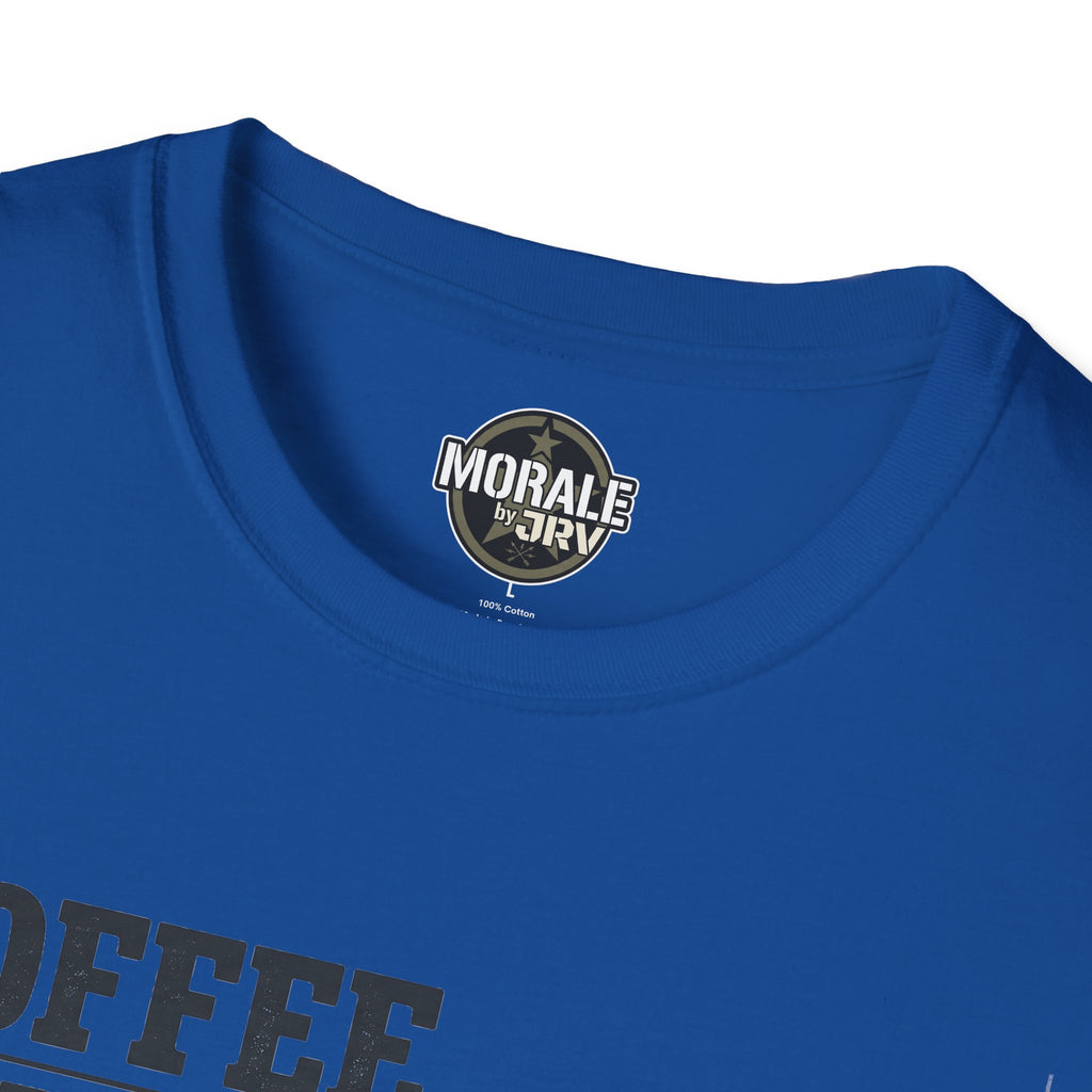 Royal blue T-shirt neckline with round 'MORAL by JR' logo