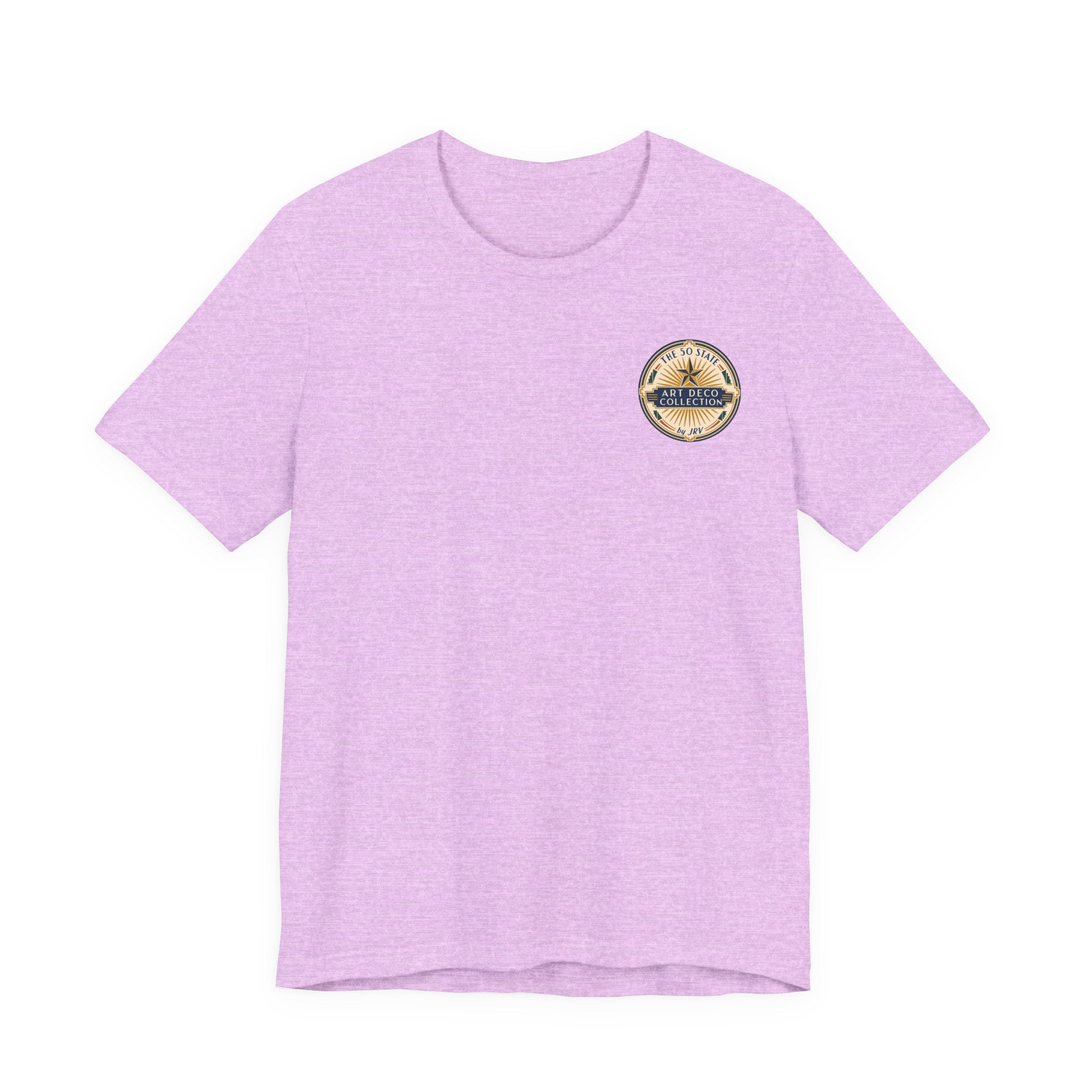 Mauve T-shirt with small circular logo graphic on upper right chest