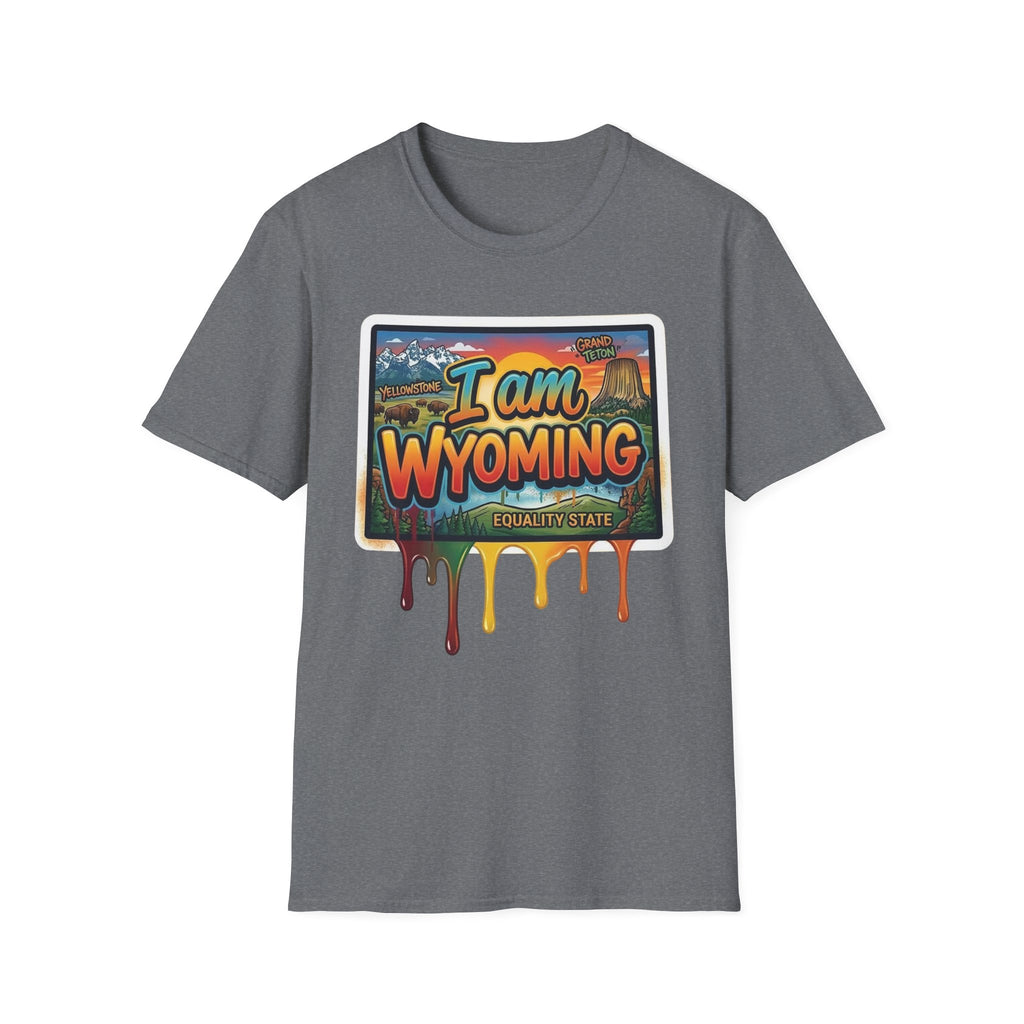 Dark heather grey T-shirt with colorful "I am Wyoming" postcard-style print with drips