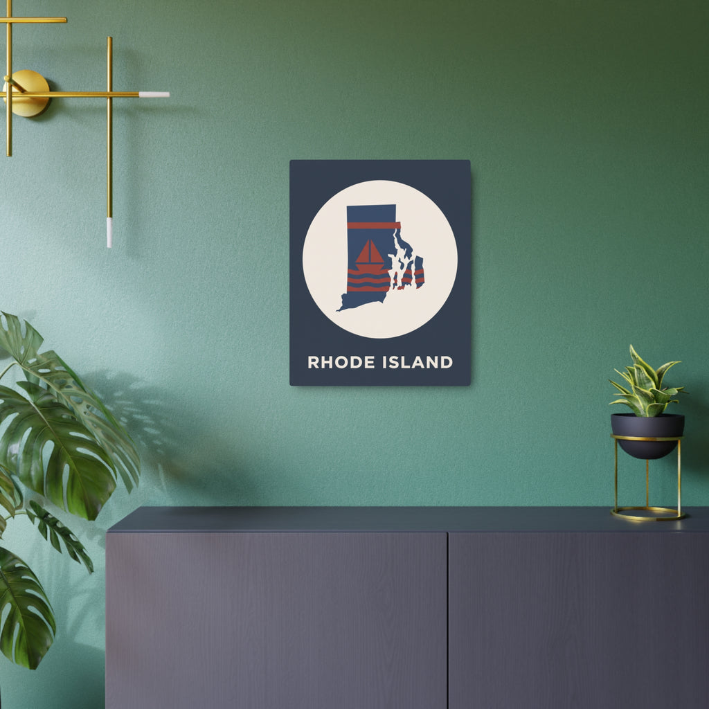 Rhode Island metal wall sign, dark square with circular emblem and "RHODE ISLAND" text