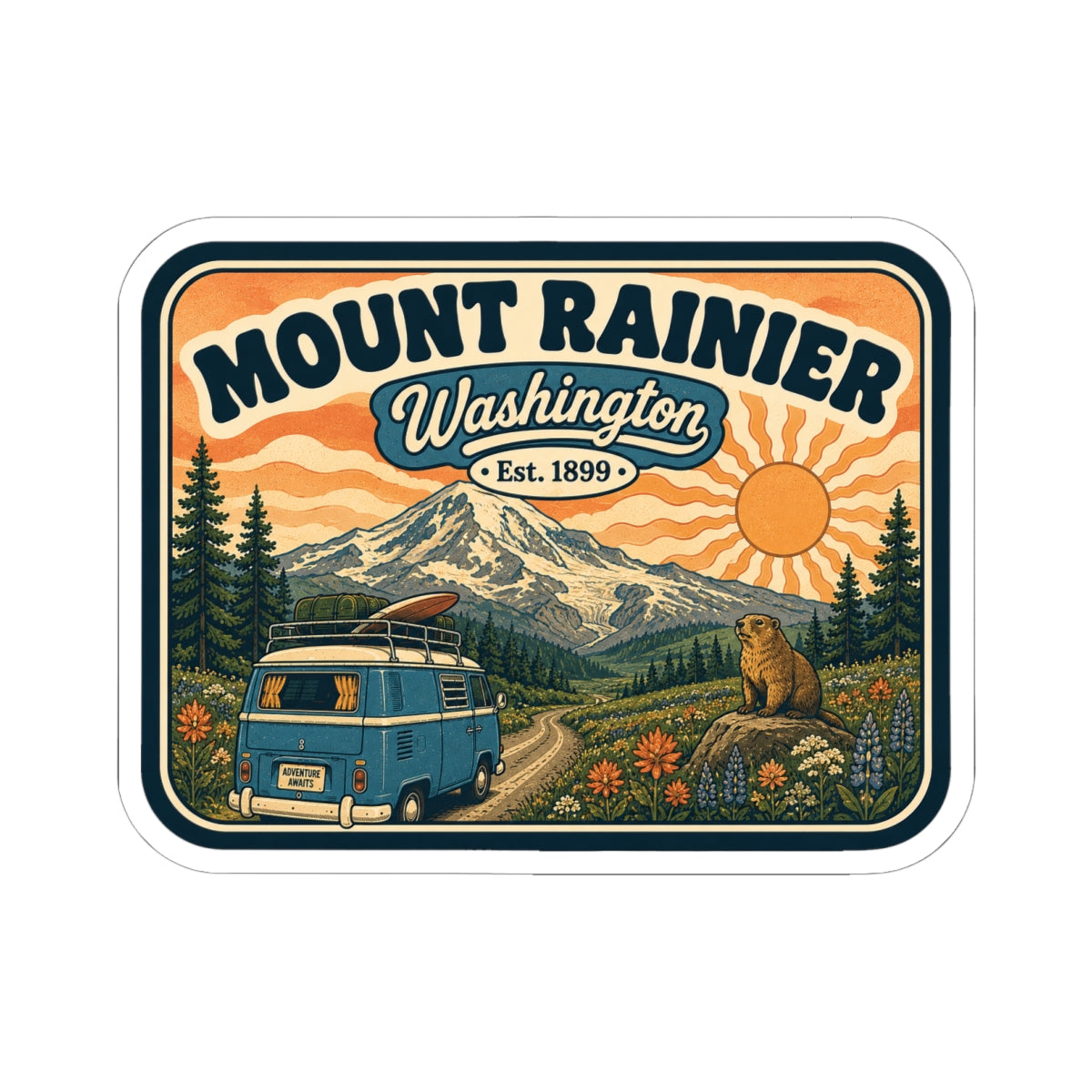 Rectangular kiss-cut Mount Rainier sticker with Washington text, sun, mountains, camper van
